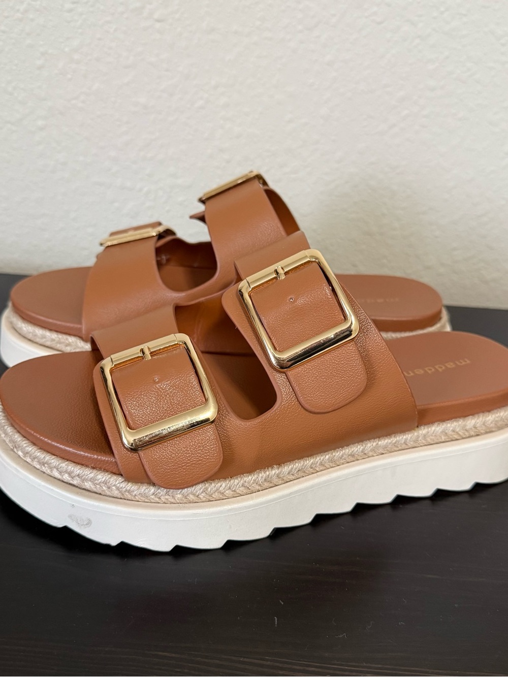 Madden Girl Brown Dual-Buckle Platform Slide Sandals
